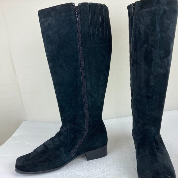 Sillouettes Women Sz 8W Wide Tall Suede Black Leather Riding Boots Low Block - Picture 6 of 11